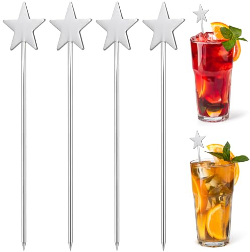 DOITOOL 10 Stk Cocktailspieße 304 Edelstahl 12cm - Martini Sticks mit Stern | Wiederverwendbare Partyspieße für Fingerfood Obst hochglanzpolierte Metall Olivenpicker mit ergonomischem Stopper Bar Küche