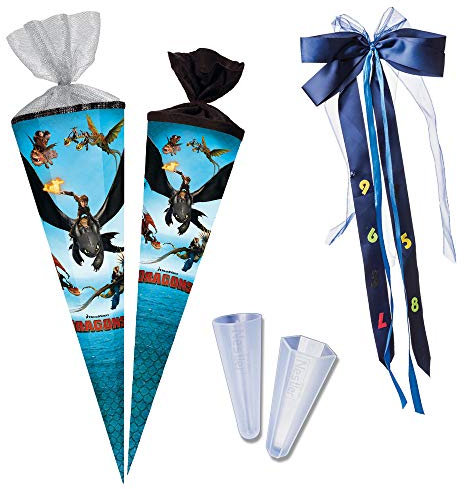 Nestler Schultüten-Set zum Befüllen, Handgemachte Zuckertüte aus Karton - Motiv Drachenzähmen leicht gemacht, 85 cm 12-eckig mit LED-Licht, Spitzenschutz, Schleife