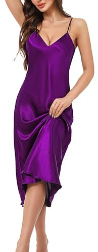Litherday Women Silk Nightdress Lingerie Long Negligees Satin Chemise Nighty Nightwear Nightgown Full Slips Babydoll Sleepwear Strap Dress(Purple,M