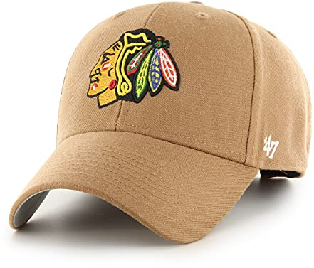 '47 NHL Chicago Blackhawks MVP Unisex-Baseballkappe, Verstellbar, Hochwertiges Design und Verarbeitung, Indian Badge Logo, Camel