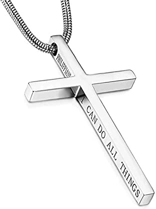 Philippians 4:13 Cross Pendant Necklace for Men Women Stainless Steel Necklace Snake Chain