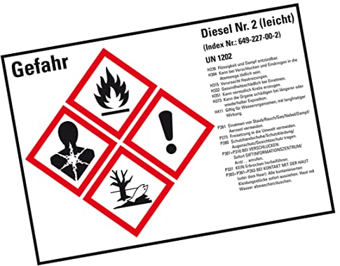 Aufkleber I Gefahrstoffetikett Diesel leicht UN 1202, GefStoffV/GHS/CLP, 105x74mm, 8 Stück