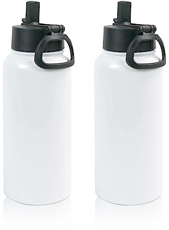 MAIKESUB 2 Pack Sublimation Blank Tumbler White Sports Water Bottles 32 OZ Wide Mouth Stainless Steel Vacuum Flask with Spout Lid for Tumbler Press Machine Sublimation Print