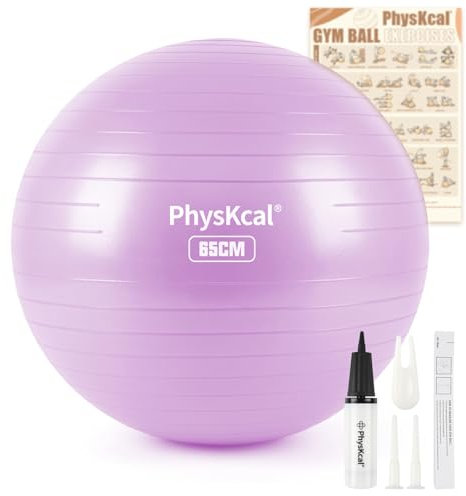 PhysKcal Gym Ball 65cm Purple Exercise Swiss Ball for Fitness Yoga Pilates Pregnancy, Anti Burst Ball Chair for Balance, Stability, Quick Pump Included