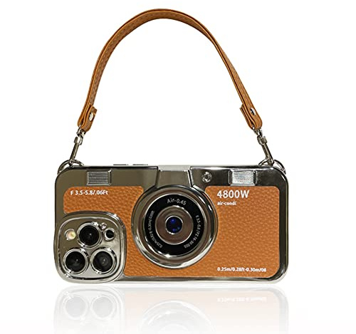 QoKcoahn 3D Vintage Camera Phone Case with Hand Strap - Unique Cool Silicone PC Shockproof Crossbody Protective Case for iPhone 14 Pro-Brown
