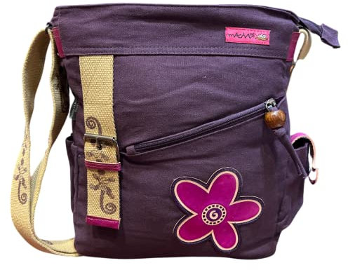 Ethno-Handtasche aus Baumwolle mit bunten Drucken und Ledereinsätzen, aus Baumwolle und Leder, für Damen, Ethno-Look, bunt (Mauve)