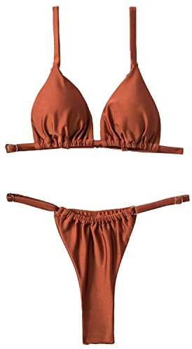 Silkglory Bikini Damen Set, Triangle Bikini Damen Zweiteiliger Curvy Badeanzug Mit V-Ausschnitt,Tanga Bikini Sexy String Bikini Bademode, Glitzer Modisches Braunes Bikini Set – M