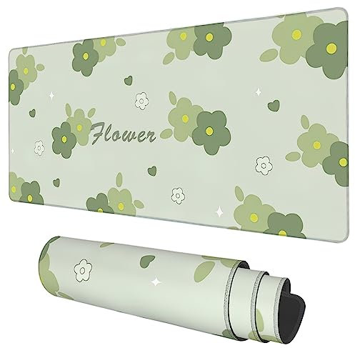 Schreibtischmatte, Kawaii-grüne Blume, verlängertes Gaming-Mauspad, groß, 89.9x39.9 cm, großes Mauspad mit rutschfester Unterseite und genähtem Rand, Mauspad für Zuhause, Büro