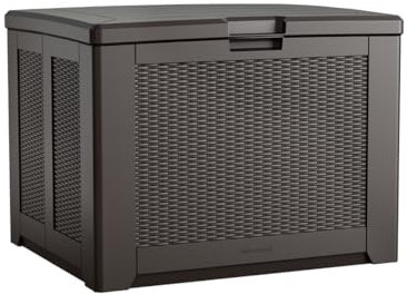 Rubbermaid Mittelgroße Aufbewahrungsbox aus Kunstharz für den Außenbereich, wetterbeständig, Braun, Deck-Organisation für