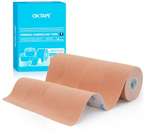 OK TAPE Basic Kinesiologie Tape, Grundlegendes Ursprüngliches Elastisches Sportband für Unterstützung und Erholun, 5cm x 5m,4 Rollen,Beige
