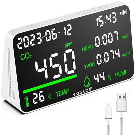 7-in-1 Indoor Air Quality Monitor,Desktop CO2/TVOC/HCHO Detector with Temperature,Humidity,Time & Date Display,High Accuracy,Ideal for Wildfire Monotoring,Home,Office,and School Use