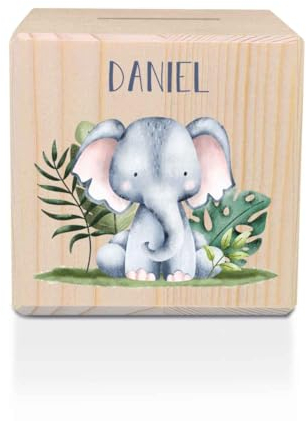 GRAVURZEILE Spardose aus Holz - Safari Tiere - mit Namen personalisiert - Personalisierte Geschenke für Mädchen & Jungen zum Geburtstag Kommunion Einschulung - Geschenk für Kinder - Elefant