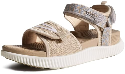 KuaiLu Sandales Randonnée Femmes Sport d'extérieur Confortable Orthopedique Soutien Voûte Plantaire Réglables Cuir Trekking Sandale Randonnee Léger Ouverte Antidérapante Marche Sandales Beige 37
