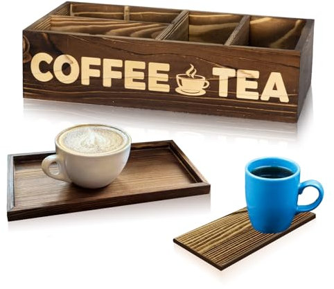 Famimall Wooden Coffee Station Organizer with Tray, DIY Storage Organizer with Removable Dividers, Wooden Coffee Organizer for Countertop, Farmhouse K-cup Coffee Pod Holder (Burlywood)