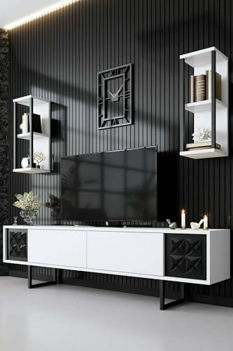 Dmora Mobile Porta TV Kaus, Credenza da Soggiorno, Armadio Basso per TV, Base Parete attrezzata, 180x30h48 cm, Bianco e Nero