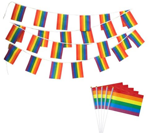 AYNKH Drapeau Pride 25 Pcs 14×21cm Drapeau LGBT Grande Taille 8 Mètres Rainbow Flag 5 Drapeaux LGBT Pride Decoration Gay Flag Défilé du Jour de la Fierté Agitant de Petits Drapeaux