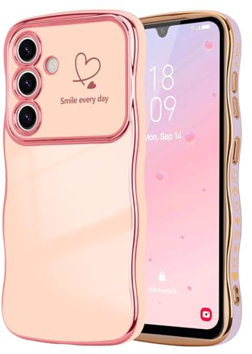 LCHULLE Coque Compatible avec Samsung Galaxy A15 4G/5G Motif Coeur Housse Portable Forme Ondulée Bouclée avec Protection de Caméra Galvanisé Coque pour Samsung Galaxy A15 4G/5G Rose