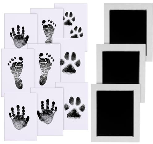 Zemiu Hand- und Fußabdruck für Babys Groß Standard 10 x 8,1 cm, 3 Stück Baby-Handabdruck-Stempelkissen mit Clean-Touch und 9 Abdruckkarten, sicher für Baby-Andenken, Haustierpfotenabdruck, Schwarz