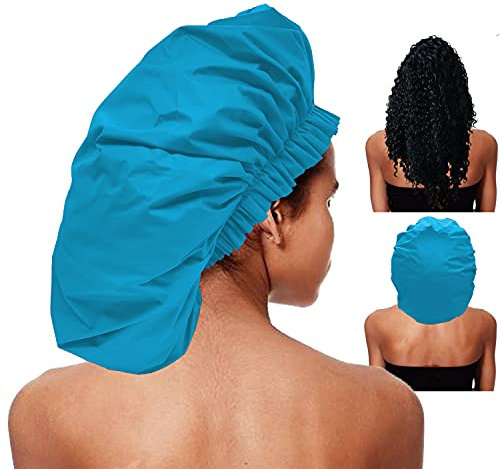 REROON Large Waterproof Shower Cap for Long Hair, Reusable Jumbo Shower Bonnets, Shower Head Cover for Locs, Curly, Baids & Wigs, XL Size Hair Cap for Spa Home Salon Use(Blue)