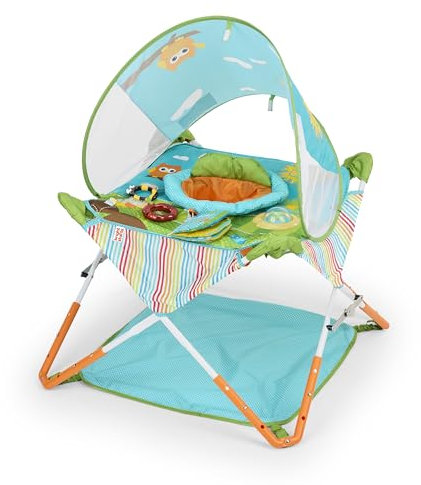 Bright Starts, Pop 'N Jump Saltador Interactivo portátil, Uso en Interiores y Exteriores, Bosque de Búhos con 4 Juguetes sensoriales, para Edades comprendidas Entre los 6 y los 12 Meses