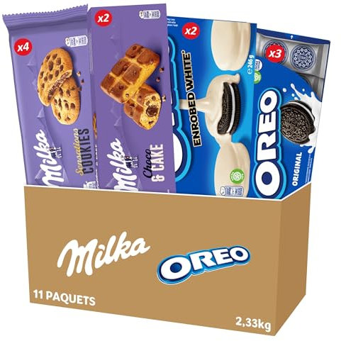 Milka - La Boîte Plaisir Milka Oreo Assortiment de Biscuits : Milka Cookies Sensations (x4), Milka Choco & Cake (x2), Oreo Enrobé Chocolat Blanc (x2), Oreo Classique Vanille (x3) - Lot de 2,33kg