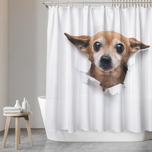 SANFINO® Duschvorhang 180x200 inkl. 12 Ringe - Wasserdichter Duschvorhang mit Motiv für Badewanne und Dusche, Schimmelresistenter Duschvorhang textil, Antibakteriell & Öko-Tex zertifiziert - Chihuahua