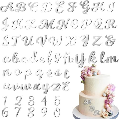 64pcs Buchstaben Tortendeko Tortendeko Zahlen, Spiegel Zahlen 0-9 und A-Z Großbuchstaben Kleinbuchstaben, Acryl Personalisierte Kuchen Deko für Geburtstag Hochzeit Jubiläum Babyparty, Silber