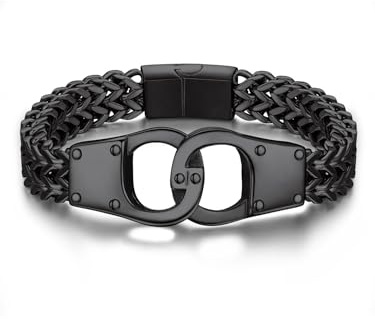 Bandmax Black Interlocking Handcuff Bracelet for Men Punk Rock Chunky Rope Curb Hand Chain Partner Crime Handcuff Pendant Bracelet Wristlet Wristband for Husband BF