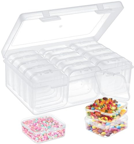 Bukuhlio Kleine Aufbewahrungsboxen (5,5 x 5,5 x 2cm), 16 Teilige Mini Aufbewahrungsbox aus Klarem Kunststoff mit Klappdeckel für Pillen, Schmuck, Bastelartikel & Kleinteile Aufbewahrungsbox