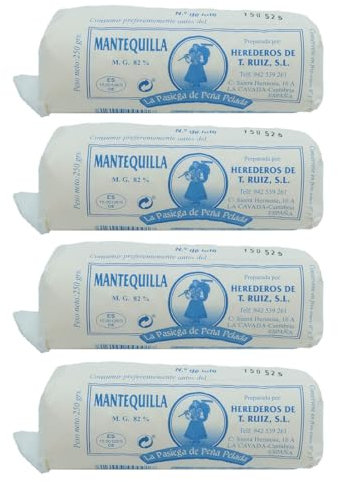 LA PASIEGA DE PEÑA PELADA Mantequilla Artesanal, PACK DE 4 Rulos de 250 gr (aprox) en Papel Sulfurizado, 82% Materia Grasa, Sabor Tradicional y Natural - Origen Cantabria