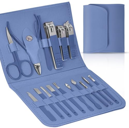 LOPHE Kit Manucre Pedicure Coupe Ongle,16 pcs Kit Manucre Pedicure Coupe Ongle Professionnel Coupe Cuticule,Ensemble de Coupe-ongles de Voyage avec Sac de Voyage en Cuir Bleu,Femme et Hommes