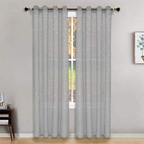 Odot Leuchtende Voile Vorhang 2er Set Im Dunkeln leuchtende Sterne Gardine mit Ösen für Wohnzimmer, Schlafzimmer, Kinderzimmer, Halbtransparent, Pflegeleichte und Knitterfreie (Grau,132x243cm)