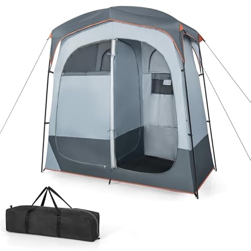 GOPLUS Tienda de Ducha para 2 Personas, Tienda de Camping de Vestuario Portátil con Ventanas, Puerta de Cremallera, Cubierta de Lluvia, Bolsa de Transporte, Refugio de Baño de Privacidad (Gris)