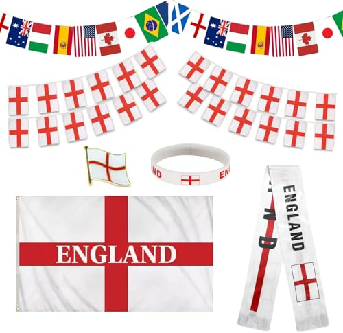 Ensemble de décorations de fête Coupe du monde 2026 : 1 guirlande de fanions de 10 m, 1 drapeau de l'Angleterre de 5 m, 1 drapeau de 90 x 150 cm, 1 bracelet, 1 badge, 1 écharpe pour fans de la Coupe