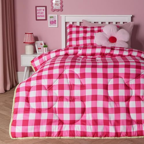 OHS Coverless Duvet Single 7.5 Tog, Soft Warm Microfibre Reversible Gingham Cherry Quilted Lightweight Comfortable Summer Duvets Washable Single Duvet with Pillowcase, Red
