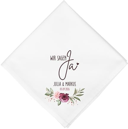 Herz & Heim® Personalisierte Stoffserviette zur Hochzeit – 45×45 cm Baumwollserviette mit Namen, Datum oder Initialen – Serviette als Hochzeitsdeko & Gastgeschenk – Motivauswahl (Wir Sagen ja)