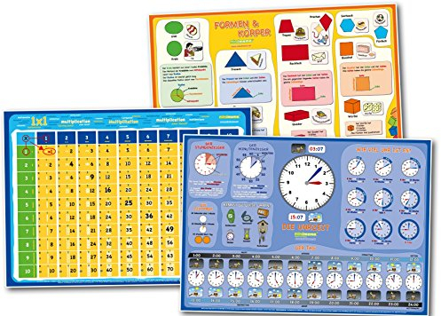 mindmemo Lernposter 3er Set Grundschule - Die Uhrzeit lernen + Formen&Körper + 1x1 Mathe - Grundschul Poster für Kinder - 3x Poster DIN A2 42x59 cm ... - gerollt in wiederverwendbarer Schutzröhre