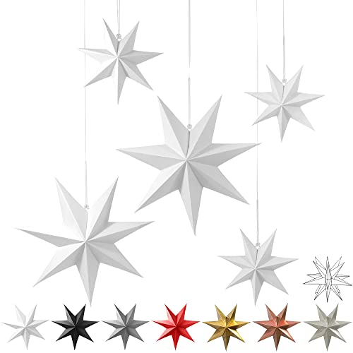 Frau WUNDERVoll® liebevolle Faltsterne weiß 5 Stück: 3 Stück Durchmesser 25 cm + 2 Stück Durchmesser 40 cm 7 Zacken geschlossene Oberfläche Feste Pappe
