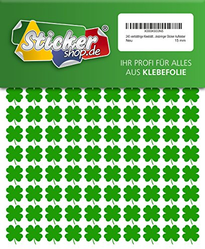 240 vierblättrige Kleeblätter, 15 mm, aus PVC Folie, selbstklebend, wetterfest, Glücksbringer Sticker Aufkleber