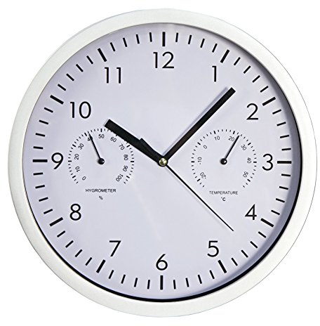 MC Power Design Wanduhr modern Silber | mit Thermometer und Hygrometer | weißes Ziffernblatt, Temperaturanzeige und Luftfeuchtigkeit, Ø 25cm als Küchenuhr Bürouhr Wohnzimmer