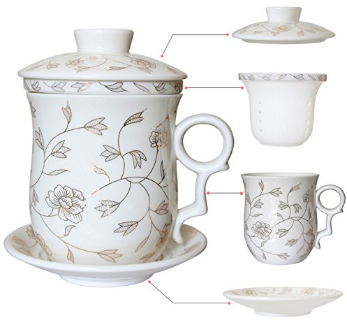 HOLLIHI Porcelain Tea Cup with Lid and Saucer Infuser Sets - Chinese Jingdezhen Ceramics Coffee Mug Teacup Loose Leaf Tea Brewing System for Home Office