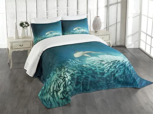 ABAKUHAUS Meerestiere Tagesdecke Set, Tiere Teal Wildlife, Set mit Kissenbezügen farbfester Digitaldruck, für Doppelbetten 220 x 220 cm, Beige Teal