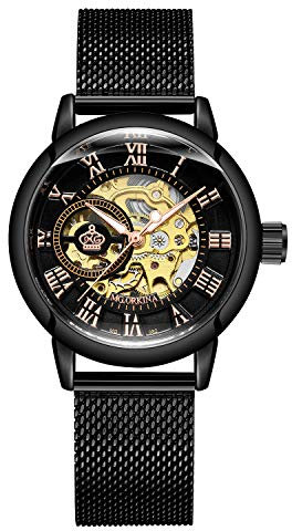 Montre-Bracelet analogique Squelette mécanique Automatique pour Femme d'ORKINA avec Bracelet tressé en Acier Inoxydable Noir