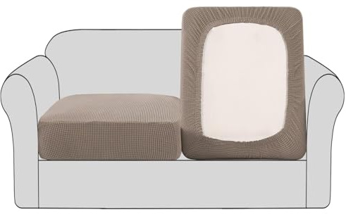 BellaHills Stretch Sofa Seat Cushion Cover Sofa Couch Cushion Furniture Protector Sofa Slipcover with Elastic Bottom Spandex Jacquard Fabric Small Checks(2 Pieces, Taupe)