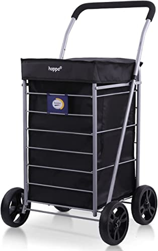 Hoppa Leichtgewichtiger 4-Rädiger Premium 2024 Modell Faltbarer Einkaufswagen Extra Große 64l Kapazität Einkaufswagentasche, 95cm, 4.8kg, Schieb/Zieh Treppensteiger (Schwarz)