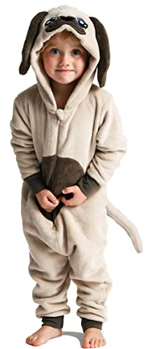 Mops-Einteiler für Jungen oder Mädchen, superweiches Fleece, Hund mit Schwanz, Weltbuchtag, Tier, AllinOnes für Kinder im Alter von 2–13 Jahren