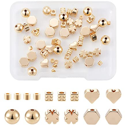 Cheriswelry 60 Stück echte 18 Karat vergoldete Perlen Messing runde Säule Herz Kleeblatt Hexagon Cube Abstandshalter Charms für Schmuck, Armbänder, Ohrringe, Loch: 1 ~ 2 mm