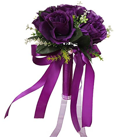 ASSR Romantische Hochzeits-Rosenblumen-Handstrauß, künstlicher Seidentuch, Rosenstrauß mit Band, Bräute oder Brautjungfern, gefälschte Blumendekoration, Lila, 7.87 x 9.45 inches