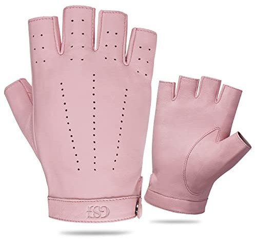 GSG SINCE 1998 Lederhandschuhe Damen Halbfinger – Fingerlose Fahrhandschuhe aus Schafsleder, atmungsaktiv und leicht, mit Druckknopf Rosa L