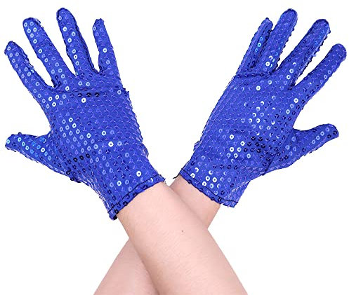 Aniler Unisex Wrist Length Full Finger Sequin Solid Color 80s Sparkling Glitter Costume Cosplay Party Short Gloves, Blue, One size